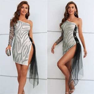 Dazzling Zebra Print Single Shoulder Dress